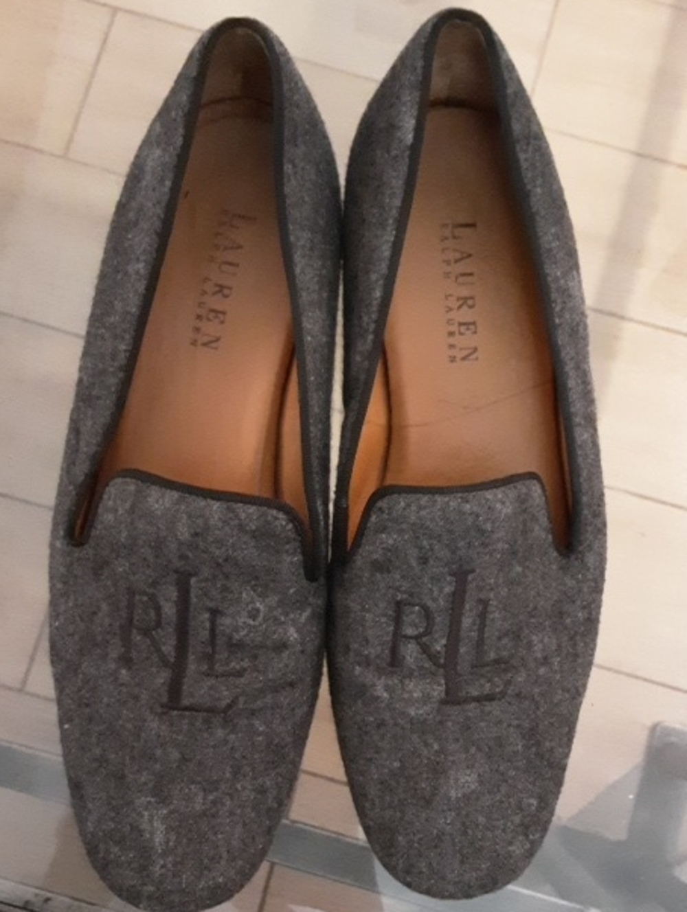 Ralph Lauren Gray Felt RL Logo Slip-On Loafers